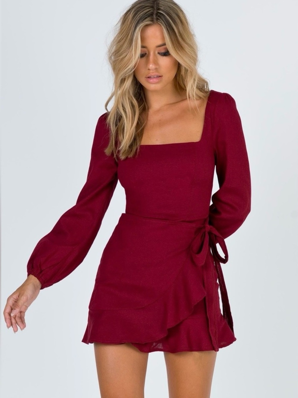 Princess Polly The Villa Square Neck Long Sleeve Wrap Mini Dress - Burgundy